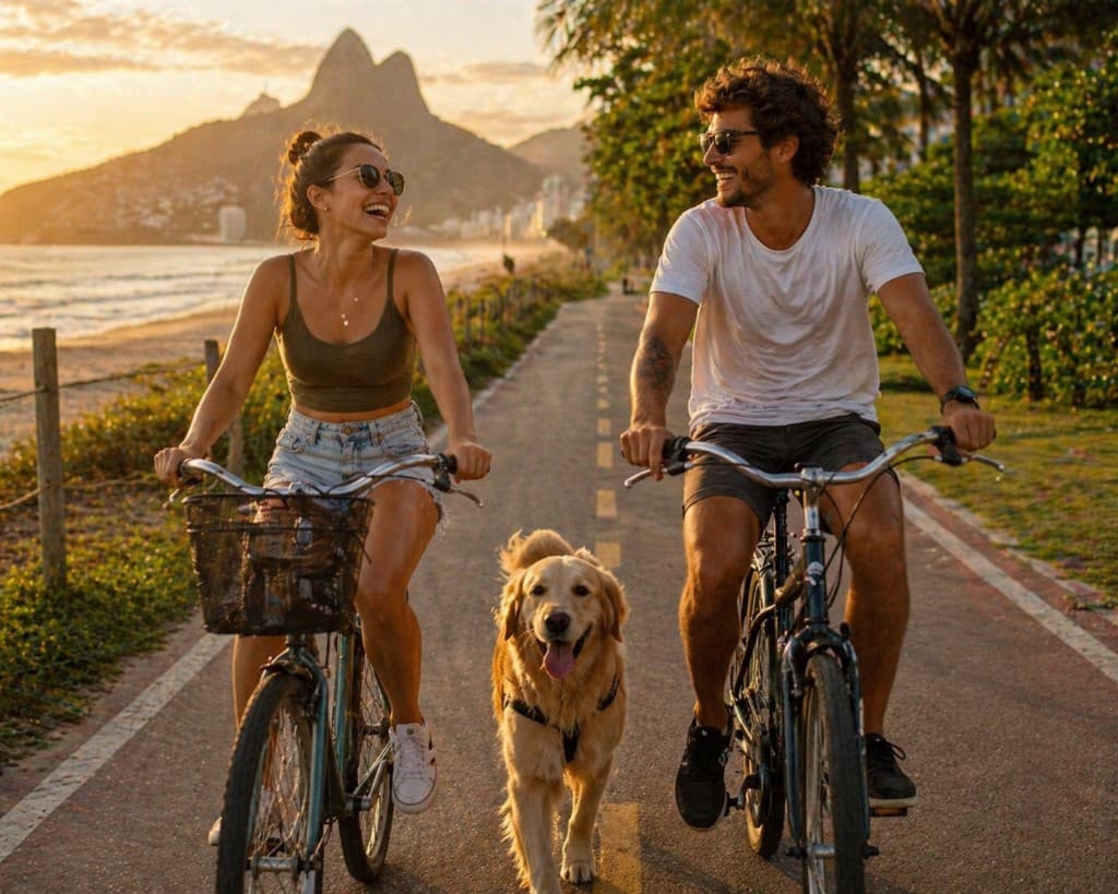 Exemplo: casal de bike na orla ao entardecer